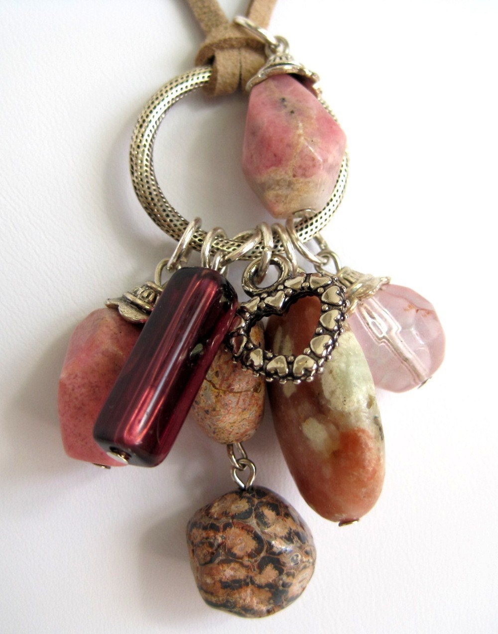 Rhodonite Charm Talisman Necklace Hope Pink Suede Cord Long Length