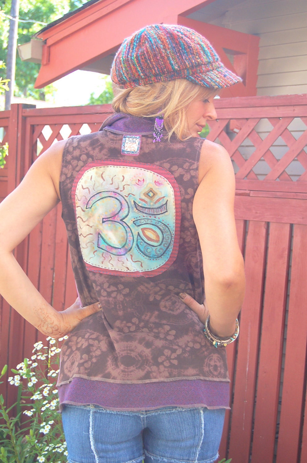 Clothing, Eco  wrap VEST,artisan, upcycled , patchwork clothing, asymmetrical, Om applique  size S-L , by Zasra
