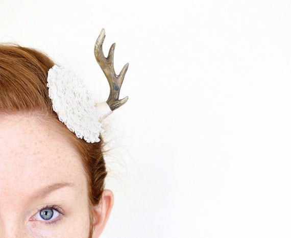 White Lace Mini Antler Masquerade Fascinator - OOAK