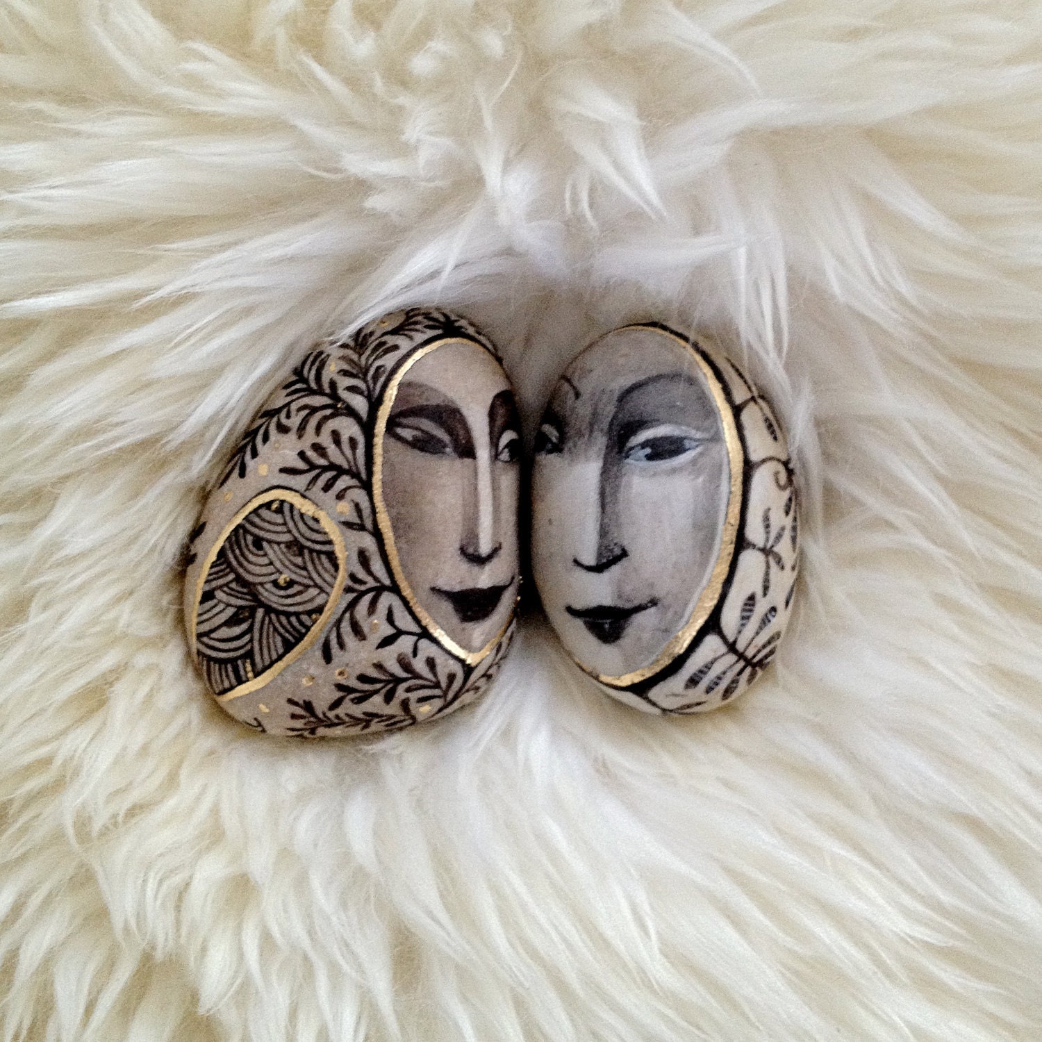 hand painted, hand gilded beach stone ORIGINAL