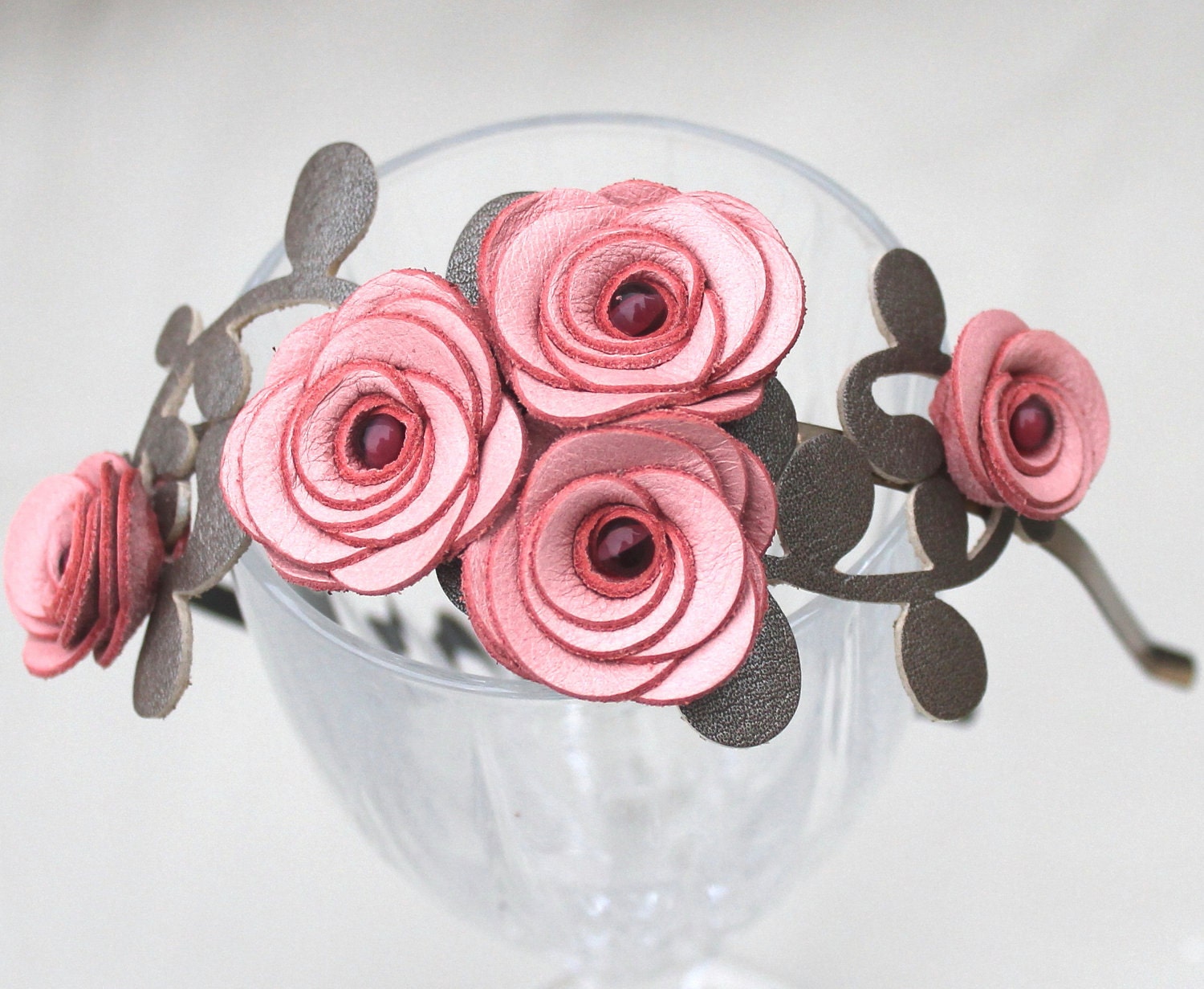 Flower headband pink leather roses green leaves bridal hairband woodland wedding tiara