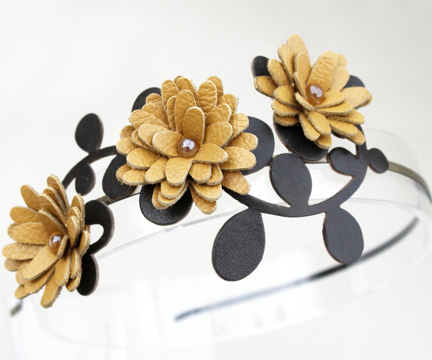 Flower headband yellow leather daisies green leaves woodland wedding hair accessory