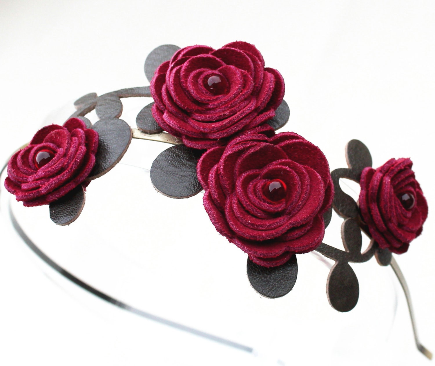 Red flower headband suede ranunculus green leather leaves bridal hairpiece woodland wedding hair accessory Valentine's Day