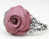 Cuff bracelet lilac purple leather rose with filigree 3 year anniversary gift