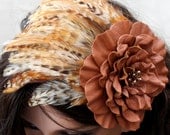 Brown feather fascinator rust leather flower headband with beaded center woodland wedding hairpiece Victorian steampunk hairband  Halloween