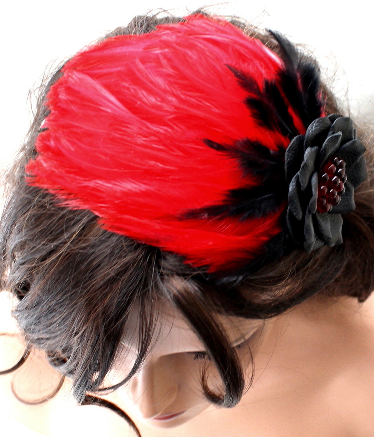 Flower headband leather feather fascinator red black woodland wedding Victorian steampunk Valentines day 3 year anniversary gift  Halloween