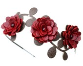 Red flower headband leather crimson mums green leaves floral wedding tiara woodland wedding hair accessory 3 year anniversary gift