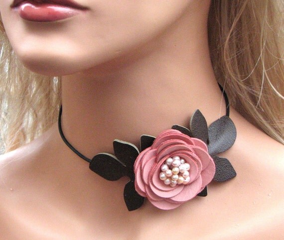 Flower leather necklace choker, honeysuckle pink rose, moss green leaves, pearl center on black leather cord 3 year anniversary gift