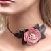 Flower leather necklace choker, honeysuckle pink rose, moss green leaves, pearl center on black leather cord 3 year anniversary gift