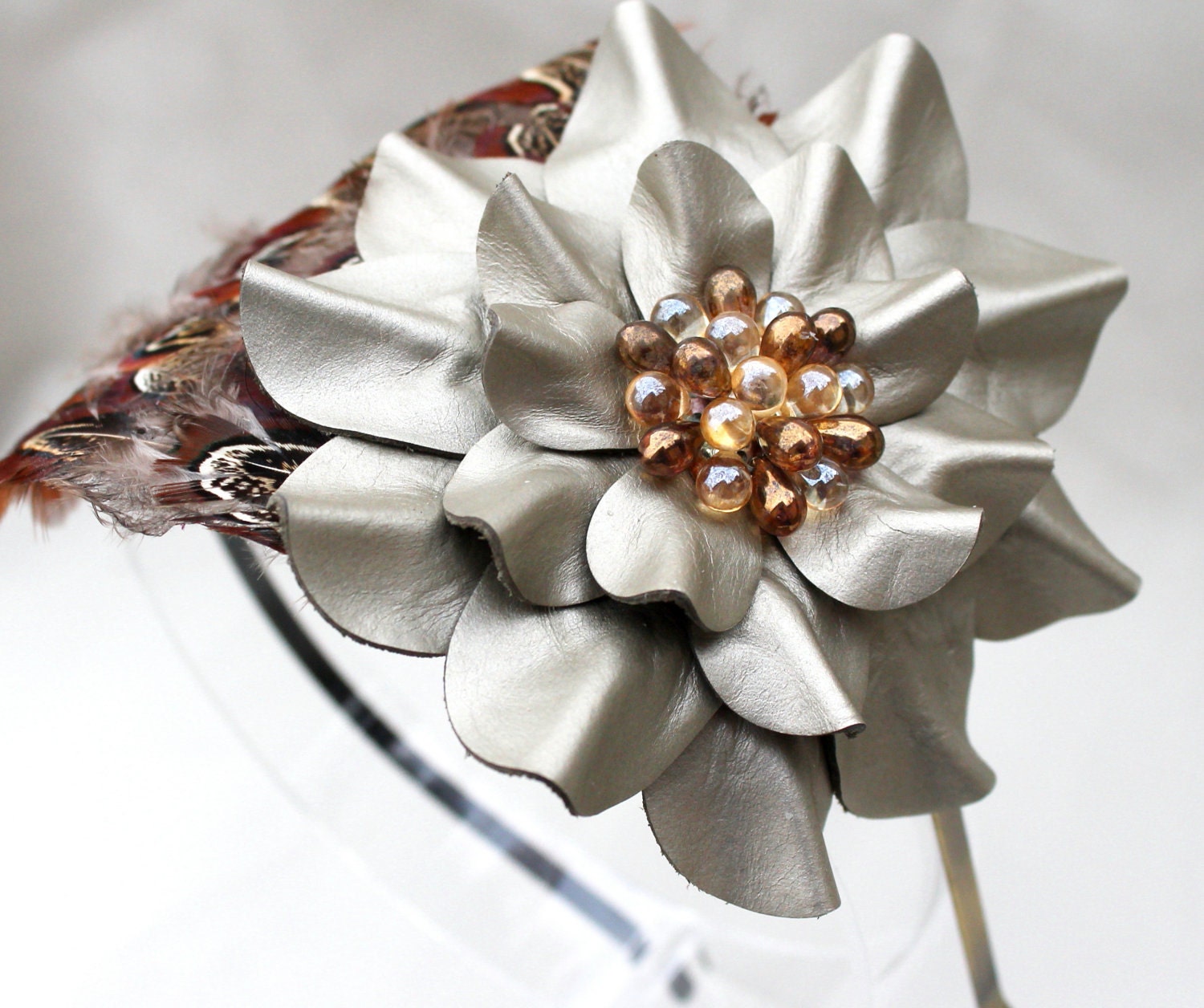 Feather fascinator leather flower headband taupe brown woodland wedding hairpiece Victorian steampunk Halloween