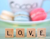 Macaron Love, Kitchen Art Photography Print, Pastel Pink Blue Beige Scrabble Tiles Cocoa French Paris