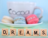 Macaron Photo,  Foodie Art Photography Print, Pastel Pink Blue Cream Scrabble Tiles Cocoa Desert French Paris