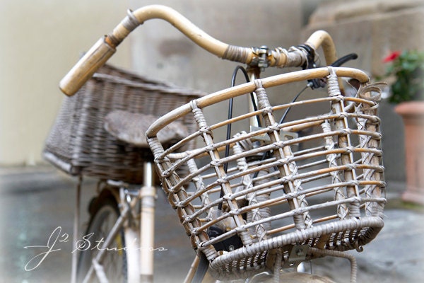 Bike Basket Photo, Bamboo Bicycle, Fine Art Photography Print, Vintage Earth Tones Neutral Colors