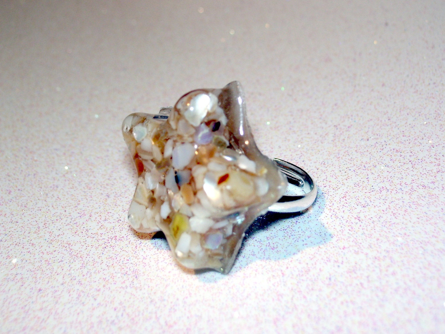 Mother's Day Nautical Upcycled Natural Beach Sea SHELL Star Fish Resin Handmade eco jewelry adjustable RING & NECKLACE Abalone Set 6 7 8 9