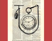 Pocket watch. Vintage pocket watch with chain and fob - upcycled 8x10 1898 dictionary page print - BONUS - Buy 3 Prints, Get 1 More For FREE