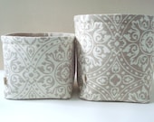 White and Taupe Medallion / Fabric Bin / Linen / Baby Alpaca