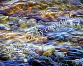 Abstract scenery fine art photograph, The River, water, rocks, cobalt blue, amber, gold, meditation, peace, home office decor, gift 30