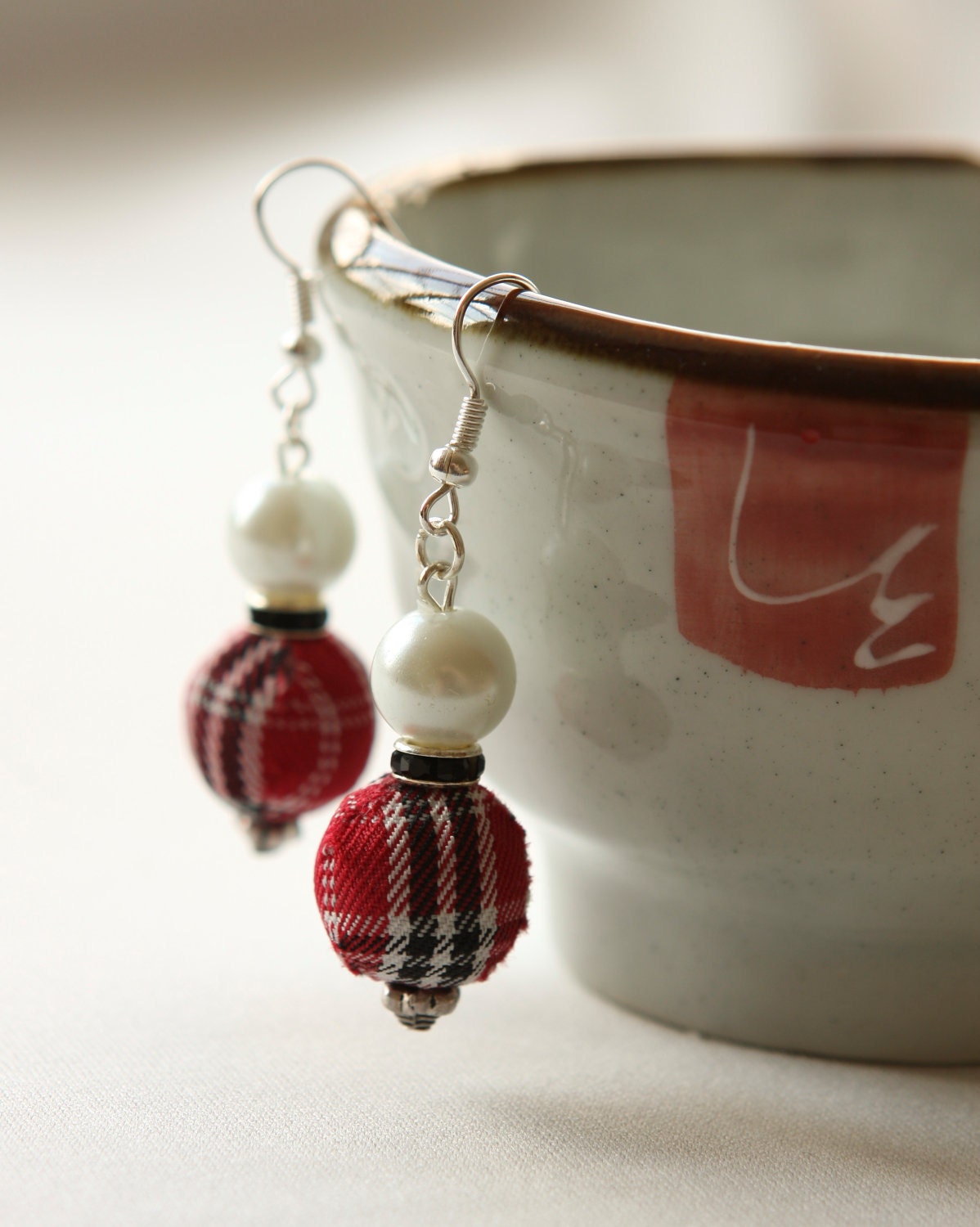 Tartan, Black Rondelle and White Pearl Earrings