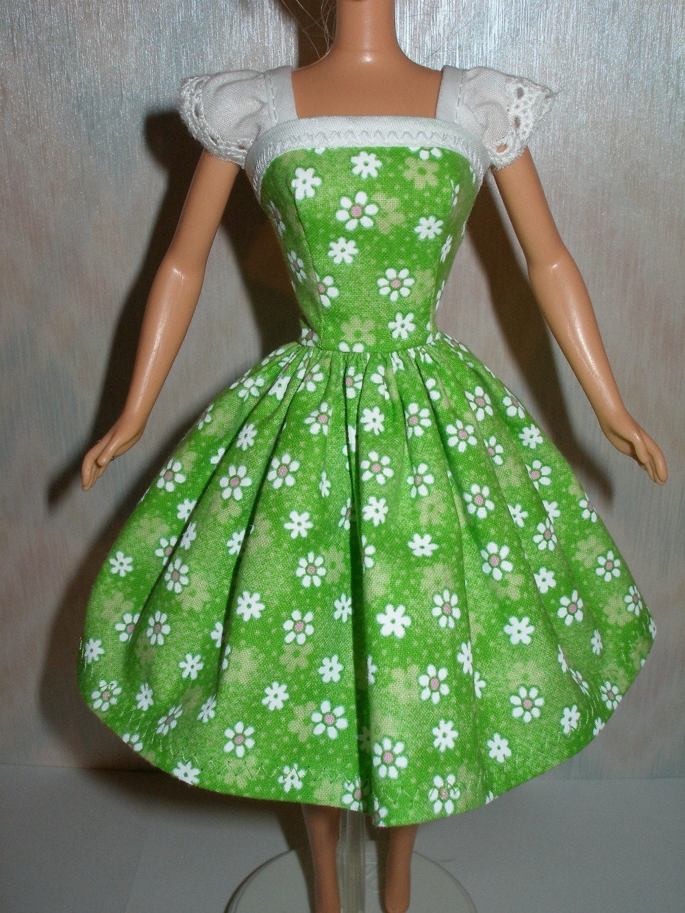 Handmade Barbie clothes - green and white floral dress