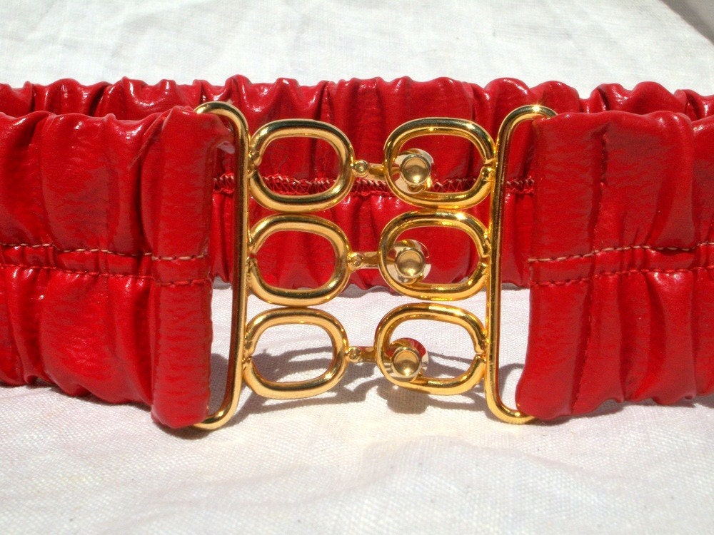 Red Ruched Belt with Triple Hook Gold Buckle 80s Faux Leather - Harajuku - Size Small / Medium ... Sale & FREE SHIPPING