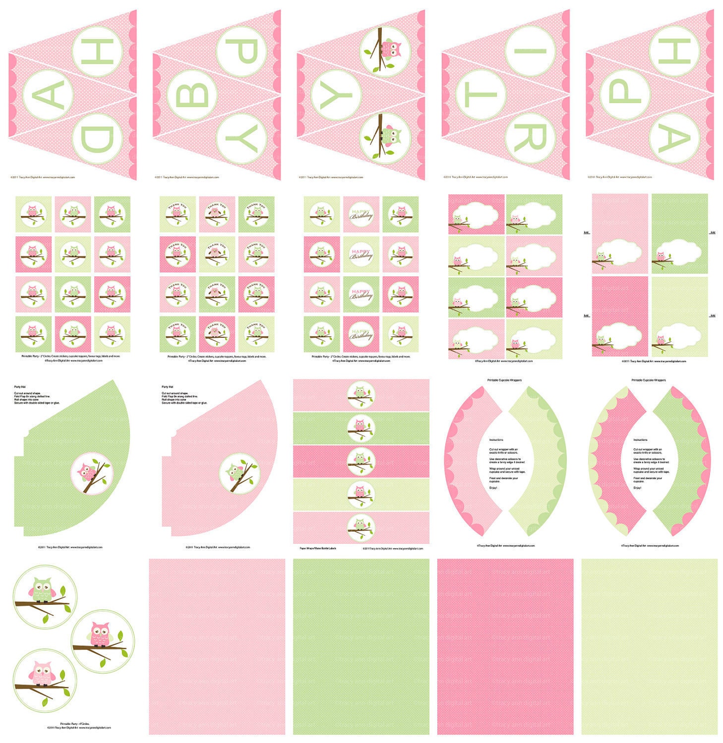 Printable Party - Pink and sage  Owl Printable Party  Set DIY