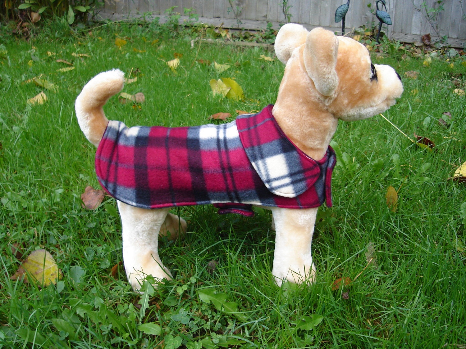 Dog Jacket - Gray and Wine Fleece Plaid Dog Coat- XX Small- 8 to 10 Inch Back Length - Or Custom Size