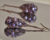 Earrings - natural purple blister pearls in handwoven antiqued copper wire net - Pearls in the Net