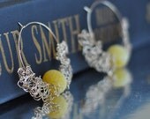Earrings - 14kt gold filled large hoops with handwoven lace and golden yellow fire agates - Sunrise