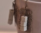 Earrings - antiqued pure brass handwoven lace with natural volcanic lava stones