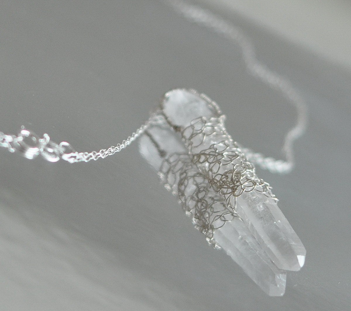 Necklace Pendant - natural rough crystal rock bead wrapped in sterling silver crocheted chain - The Tip Of The Iceberg