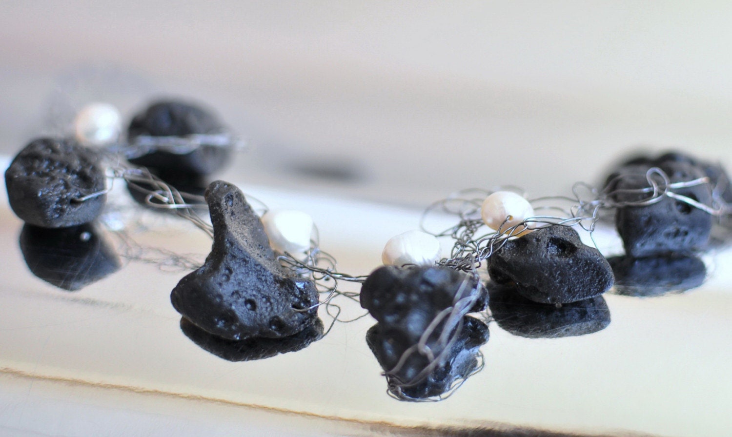Necklace - freeform handwoven oxidized sterling silver with black obsidian lava and white pearls - Darkness and Light