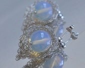 Stud Post Earrings - opalescent moonstone bead in sterling silver leaf wrap - Inner Light