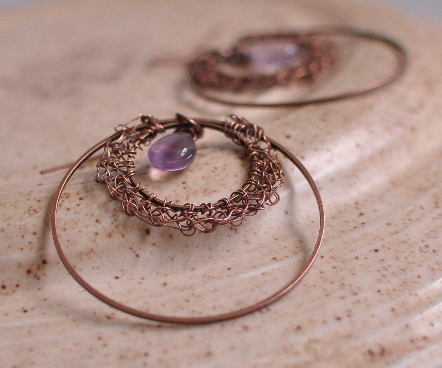 Earrings - antique copper and natural rainbow fluorite gemstone - Persian Eye