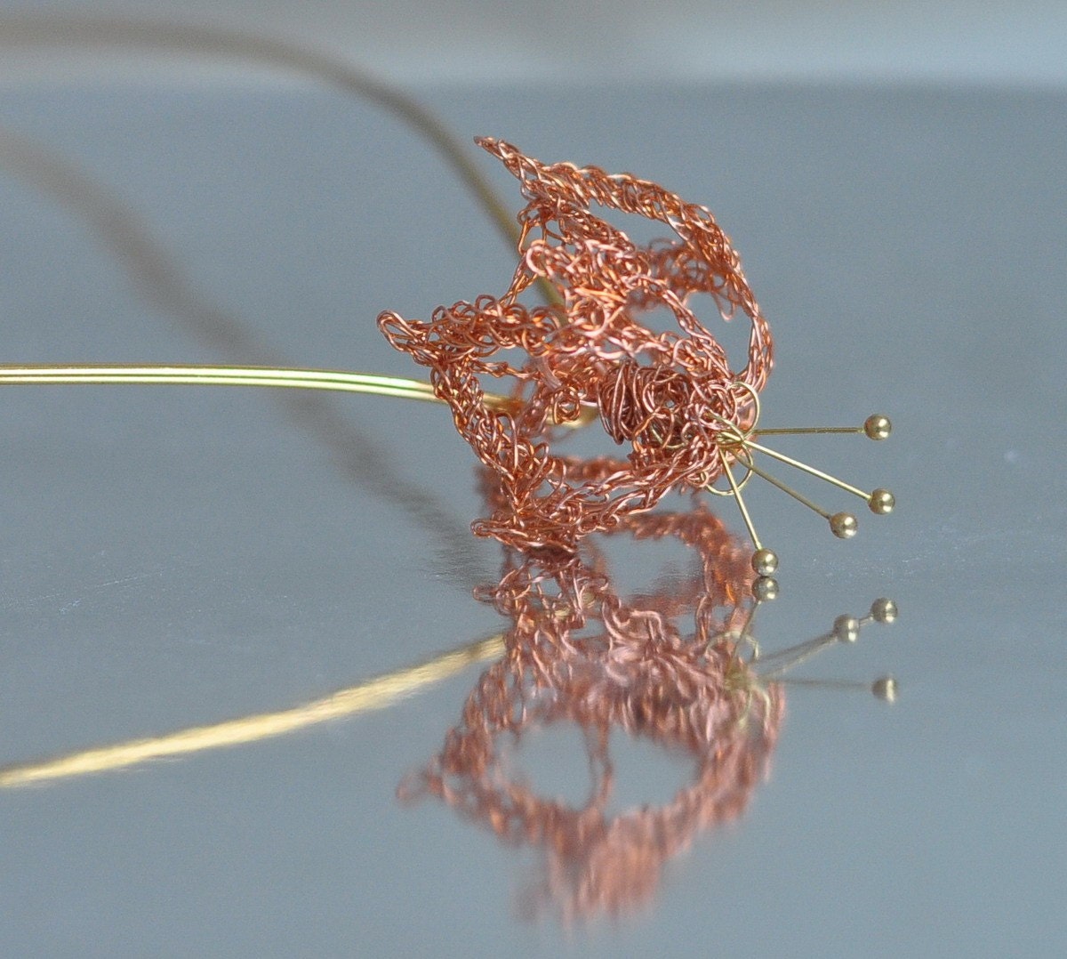 Necklace Pendant - crocheted pure copper stylized modern 3D flower pendant on 18 inch vintage brass collar - Mystic Garden
