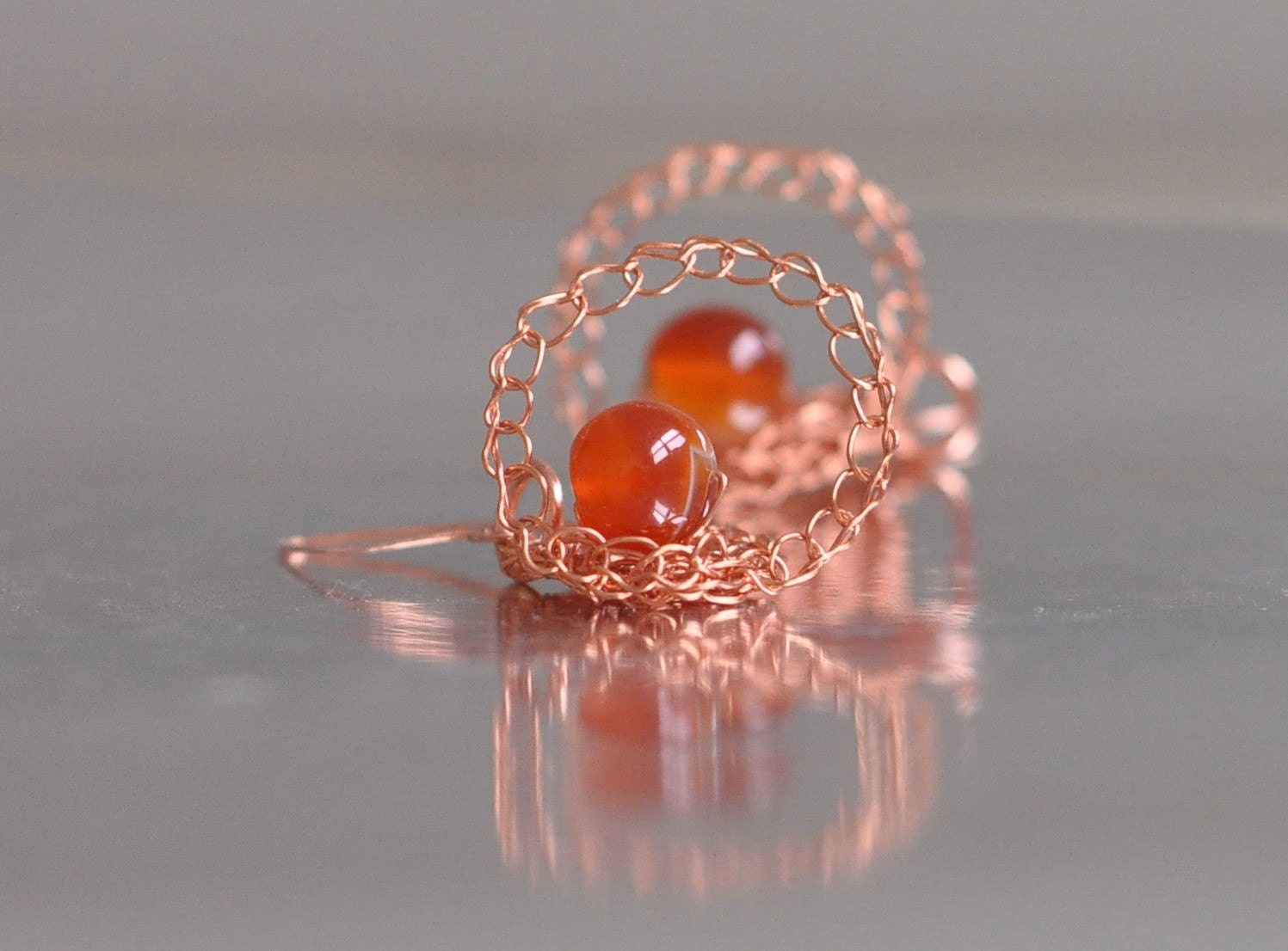 Earrings - crocheted pure copper with natural carnelian gemstones - Be My Satellite