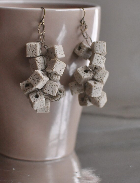 Earrings - antiqued pure brass with cluster natural volcanic lava stones