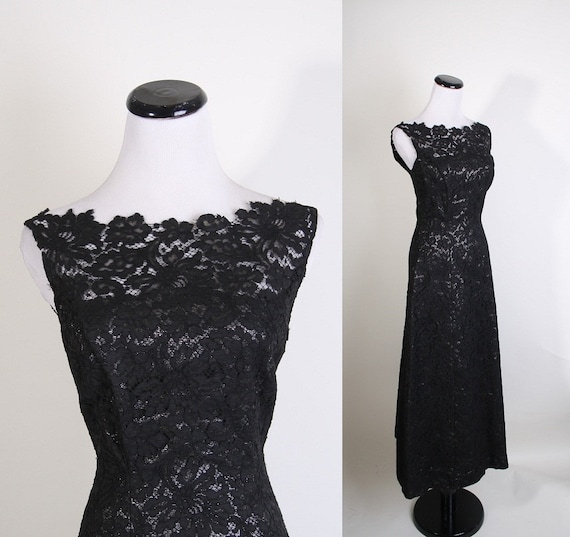 Evening Gown / Vintage Lace / Metallic / Long Dress / Black Dress / Mad Men / Couture / Illusion Lace / 1095