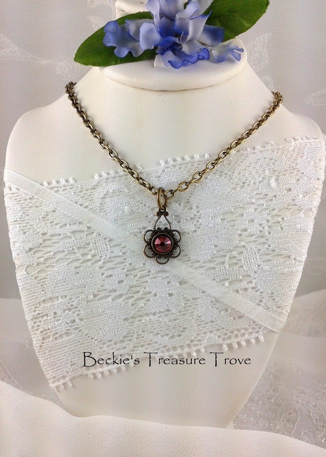 Signature Series / Victorian Necklace / Oxidized Brass Filigree and Crystal Copper Swarovski Crystal 16in with Extender