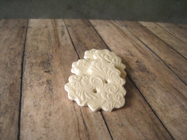 Cream polymer clay Scalloped Heart Buttons, set of 3 plume texture