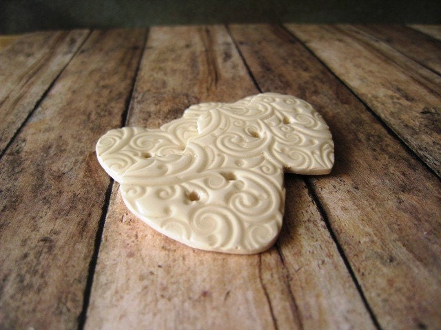 Cream polymer clay Double Heart Buttons, set of 2