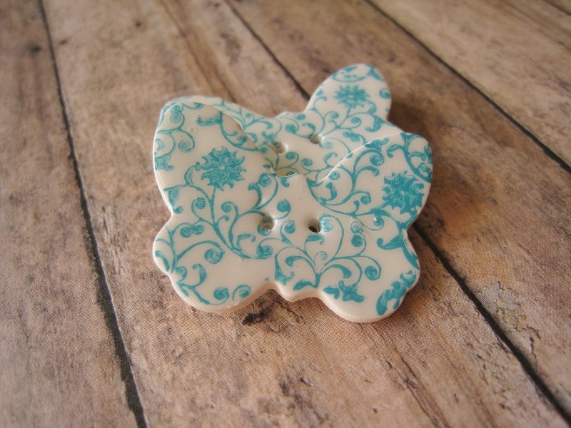 White polymer clay Butterfly Buttons, set of 3 turquoise floral curl pattern