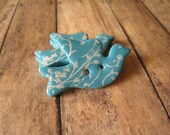 Teal polymer clay button Medium Bird Buttons, set of 3 flowery flourish pattern