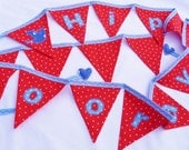 Appliqué bunting banner Hip Hip Hooray blue and red Lovely for both boys & girls Over 7 ft long with 16 flags READY TO SHIP Il_170x135