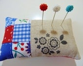 Pin cushion in red, white and blue patchwork with linen in a flower theme Perfect gift READY TO SHIP Il_170x135