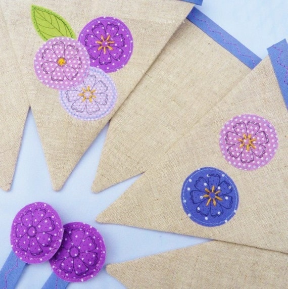 Appliqué bunting with forget me nots in linen Perfect for weddings & parties Almost 7 ft long (excl. ties) with 11 flags READY TO SHIP Il_570xn