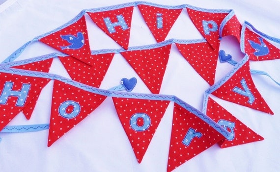 Appliqué bunting banner Hip Hip Hooray blue and red Lovely for both boys & girls Over 7 ft long with 16 flags READY TO SHIP Il_570xn