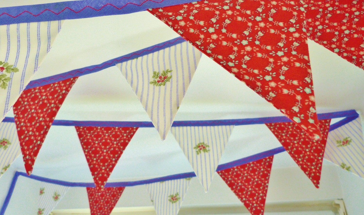 Bunting banner - Bright & Breezy in blue and red Over 6 feet long (excluding ties) with 12 flags READY TO SHIP Il_570xn