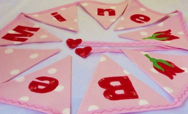 Be mine valentine bunting banner applique rose in pink & red Lovely for weddings Almost 5 ft long with 9 medium flags READY TO SHIP Il_570xn