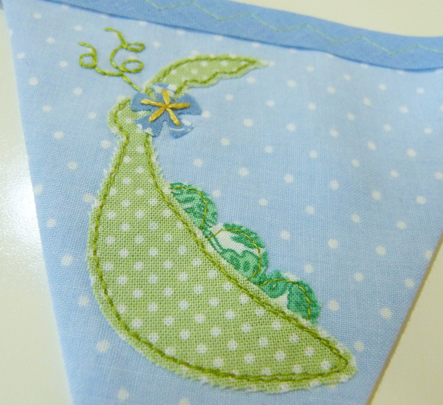 Appliqué Sweet pea bunting in blue Perfect for a baby shower or new baby gift Nearly 5 ft long (excl. ties) with 11 flags READY TO SHIP Il_570xn