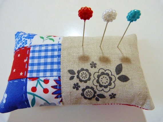 Pin cushion in red, white and blue patchwork with linen in a flower theme Perfect gift READY TO SHIP Il_570xn